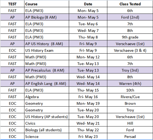 24-25 Test Schedule